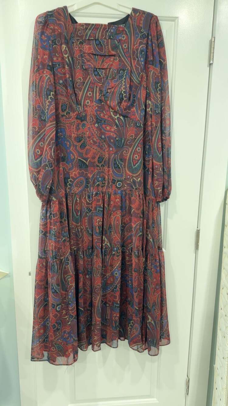 Lauren Ralph Lauren Paisley Print Tiered Long Sleeve Midi Dress Size 18